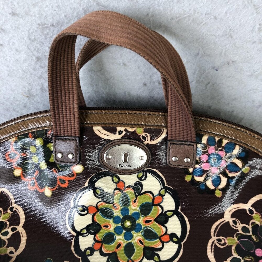 Fossil Key Per Satchel Handbag Womens Brown Floral PVC Top Handle Bag Retro 70s - Picture 13 of 16